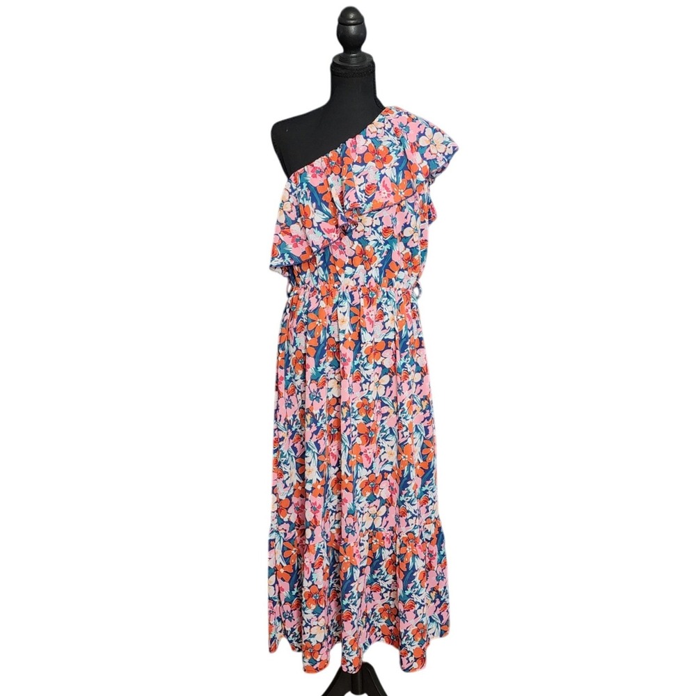 BTFBM‎ Floral One Shoulder Maxi Dress Pink Orange Ruffle Tiered Tropical Bobo L